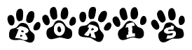 The image shows a series of animal paw prints arranged horizontally. Within each paw print, there's a letter; together they spell Boris
