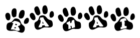 The image shows a row of animal paw prints, each containing a letter. The letters spell out the word Bahai within the paw prints.