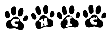 The image shows a row of animal paw prints, each containing a letter. The letters spell out the word Chic within the paw prints.