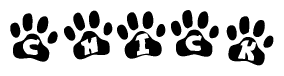 The image shows a series of animal paw prints arranged horizontally. Within each paw print, there's a letter; together they spell Chick
