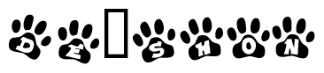 The image shows a series of animal paw prints arranged in a horizontal line. Each paw print contains a letter, and together they spell out the word De shon.