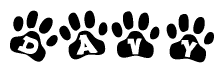 The image shows a row of animal paw prints, each containing a letter. The letters spell out the word Davy within the paw prints.