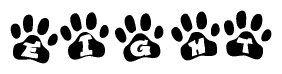 The image shows a series of animal paw prints arranged horizontally. Within each paw print, there's a letter; together they spell Eight