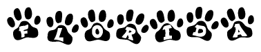 The image shows a series of animal paw prints arranged horizontally. Within each paw print, there's a letter; together they spell Florida