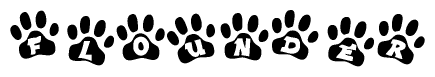 The image shows a series of animal paw prints arranged horizontally. Within each paw print, there's a letter; together they spell Flounder