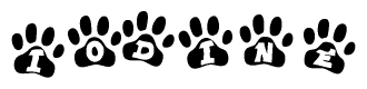 The image shows a row of animal paw prints, each containing a letter. The letters spell out the word Iodine within the paw prints.