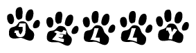 The image shows a series of animal paw prints arranged in a horizontal line. Each paw print contains a letter, and together they spell out the word Jelly.