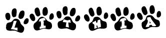 The image shows a row of animal paw prints, each containing a letter. The letters spell out the word Lithia within the paw prints.