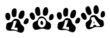 The image shows a series of animal paw prints arranged in a horizontal line. Each paw print contains a letter, and together they spell out the word Lola.