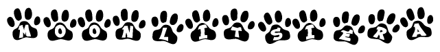 The image shows a series of animal paw prints arranged horizontally. Within each paw print, there's a letter; together they spell Moonlitsiera
