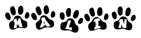 The image shows a series of animal paw prints arranged in a horizontal line. Each paw print contains a letter, and together they spell out the word Malin.