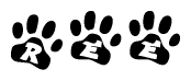 The image shows a series of animal paw prints arranged in a horizontal line. Each paw print contains a letter, and together they spell out the word Ree.