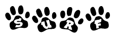 The image shows a series of animal paw prints arranged in a horizontal line. Each paw print contains a letter, and together they spell out the word Surf.