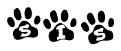 The image shows a row of animal paw prints, each containing a letter. The letters spell out the word Sis within the paw prints.