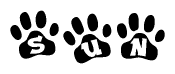 The image shows a row of animal paw prints, each containing a letter. The letters spell out the word Sun within the paw prints.