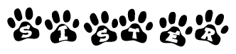 The image shows a series of animal paw prints arranged in a horizontal line. Each paw print contains a letter, and together they spell out the word Sister.