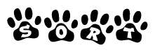 The image shows a series of animal paw prints arranged in a horizontal line. Each paw print contains a letter, and together they spell out the word Sort.
