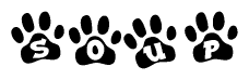 The image shows a series of animal paw prints arranged horizontally. Within each paw print, there's a letter; together they spell Soup