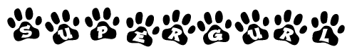 The image shows a series of animal paw prints arranged horizontally. Within each paw print, there's a letter; together they spell Supergurl