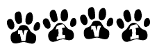 The image shows a series of animal paw prints arranged in a horizontal line. Each paw print contains a letter, and together they spell out the word Vivi.