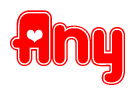 The image displays the word Any written in a stylized red font with hearts inside the letters.