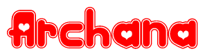 The image is a red and white graphic with the word Archana written in a decorative script. Each letter in  is contained within its own outlined bubble-like shape. Inside each letter, there is a white heart symbol.
