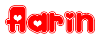 The image is a red and white graphic with the word Aarin written in a decorative script. Each letter in  is contained within its own outlined bubble-like shape. Inside each letter, there is a white heart symbol.