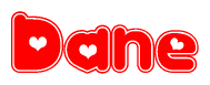 The image displays the word Dane written in a stylized red font with hearts inside the letters.