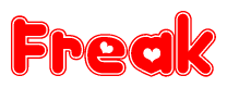 The image is a clipart featuring the word Freak written in a stylized font with a heart shape replacing inserted into the center of each letter. The color scheme of the text and hearts is red with a light outline.