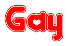 The image is a red and white graphic with the word Gay written in a decorative script. Each letter in  is contained within its own outlined bubble-like shape. Inside each letter, there is a white heart symbol.