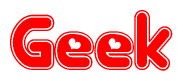 The image is a red and white graphic with the word Geek written in a decorative script. Each letter in  is contained within its own outlined bubble-like shape. Inside each letter, there is a white heart symbol.