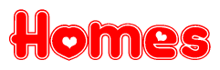 The image is a clipart featuring the word Homes written in a stylized font with a heart shape replacing inserted into the center of each letter. The color scheme of the text and hearts is red with a light outline.