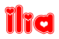 The image is a clipart featuring the word Ilia written in a stylized font with a heart shape replacing inserted into the center of each letter. The color scheme of the text and hearts is red with a light outline.