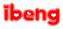 The image is a red and white graphic with the word Ibeng written in a decorative script. Each letter in  is contained within its own outlined bubble-like shape. Inside each letter, there is a white heart symbol.