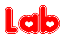 The image is a clipart featuring the word Lab written in a stylized font with a heart shape replacing inserted into the center of each letter. The color scheme of the text and hearts is red with a light outline.