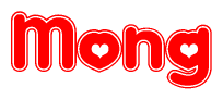 The image is a clipart featuring the word Mong written in a stylized font with a heart shape replacing inserted into the center of each letter. The color scheme of the text and hearts is red with a light outline.
