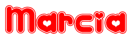 The image is a red and white graphic with the word Marcia written in a decorative script. Each letter in  is contained within its own outlined bubble-like shape. Inside each letter, there is a white heart symbol.