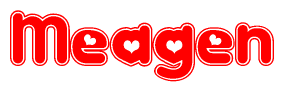 The image is a red and white graphic with the word Meagen written in a decorative script. Each letter in  is contained within its own outlined bubble-like shape. Inside each letter, there is a white heart symbol.