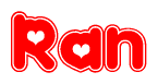 The image is a red and white graphic with the word Ran written in a decorative script. Each letter in  is contained within its own outlined bubble-like shape. Inside each letter, there is a white heart symbol.