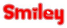 The image is a red and white graphic with the word Smiley written in a decorative script. Each letter in  is contained within its own outlined bubble-like shape. Inside each letter, there is a white heart symbol.