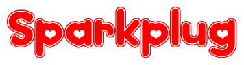 The image is a clipart featuring the word Sparkplug written in a stylized font with a heart shape replacing inserted into the center of each letter. The color scheme of the text and hearts is red with a light outline.