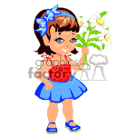 The clipart image shows a cartoon of a young girl with brown hair tied with a blue bow, wearing a red top, a blue skirt, and blue shoes. She is holding a bouquet of flowers with white blooms and green leaves.