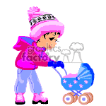 The clipart image shows a cartoon figure of a child wearing a winter hat and jacket pushing a pram or stroller. The child's outfit and the stroller have hues of pink and purple. The stroller is adorned with star patterns, and the child appears to be enjoying a walk.