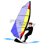 The clipart image features a person windsurfing. They are standing on a board and holding onto a sail that is multi-colored in hues of yellow, red, and blue. The person is wearing a wetsuit and a red cap, and there is water at the base of the board indicating movement through water.