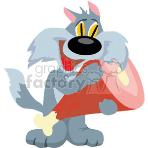 This clipart image features a gray animated cat with a very happy and content expression, hugging a large piece of ham that has a bone sticking out of it. The cat's eyes are closed, implying ecstasy or satisfaction, as it clutches the meat tightly to its chest. There is no background to suggest an alley or city setting; it is just the image of the cat and the ham.