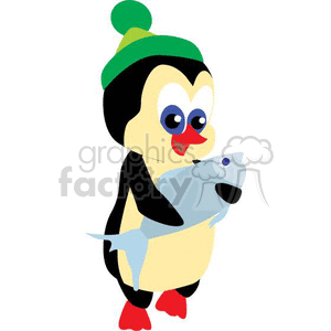 The image shows a stylized cartoon penguin wearing a green beanie. The penguin is holding a fish and has a happy expression on its face. The overall style is cute and whimsical, conveying a light-hearted and comic atmosphere.