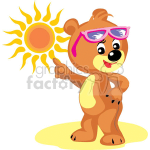 Teddy bear with sunglasses pointing at the sun