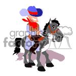 The clipart image shows a cartoon of a person riding a horse. The rider appears to be wearing a hat, a red shirt, and blue pants. The horse is grey with a black mane and tail.