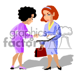 The clipart image features two women engaging in a conversation. One woman is holding a document on a clipboard and pointing to it, while the other woman, holding a red briefcase, is listening or responding. Both appear to be professionally dressed, suggesting a business or office-related context.