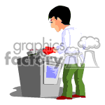 The clipart image shows an animated character engaged in cooking. The character is standing in front of a stove, with one pot on the stove that appears to be boiling or cooking something. The character is wearing a white chef's shirt, green pants, and red shoes. There appears to be another red object on the stove, possibly a lid or another pot.
